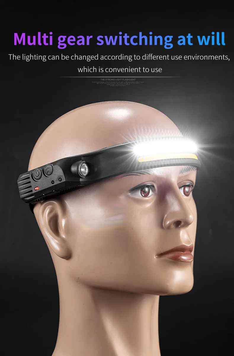 COB LED Sensor Head Lamp Induction Headlamp Built-in Battery Flashlight USB Rechargeable Head Torch 5 Lighting Modes Headlight