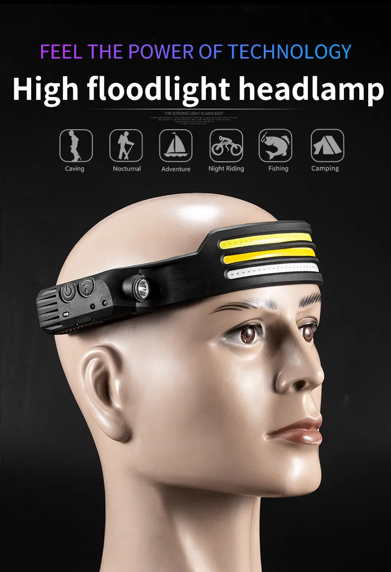 COB LED Sensor Head Lamp Induction Headlamp Built-in Battery Flashlight USB Rechargeable Head Torch 5 Lighting Modes Headlight