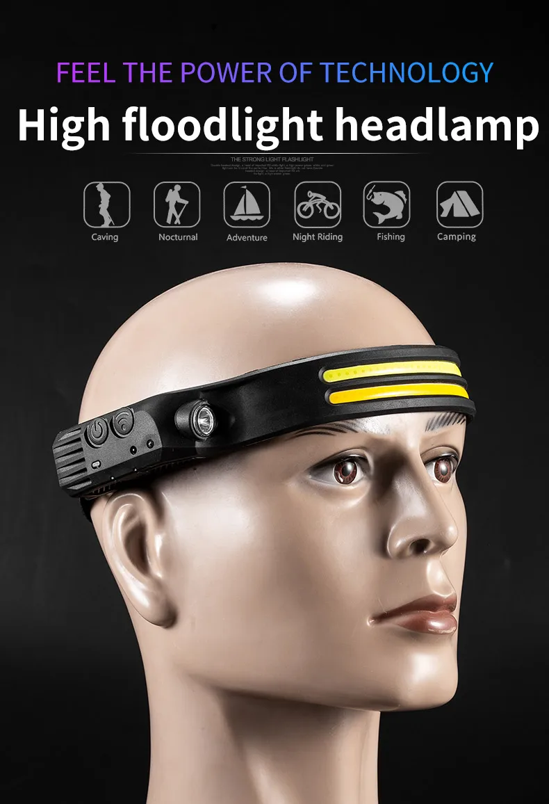 COB LED Sensor Head Lamp Induction Headlamp Built-in Battery Flashlight USB Rechargeable Head Torch 5 Lighting Modes Headlight