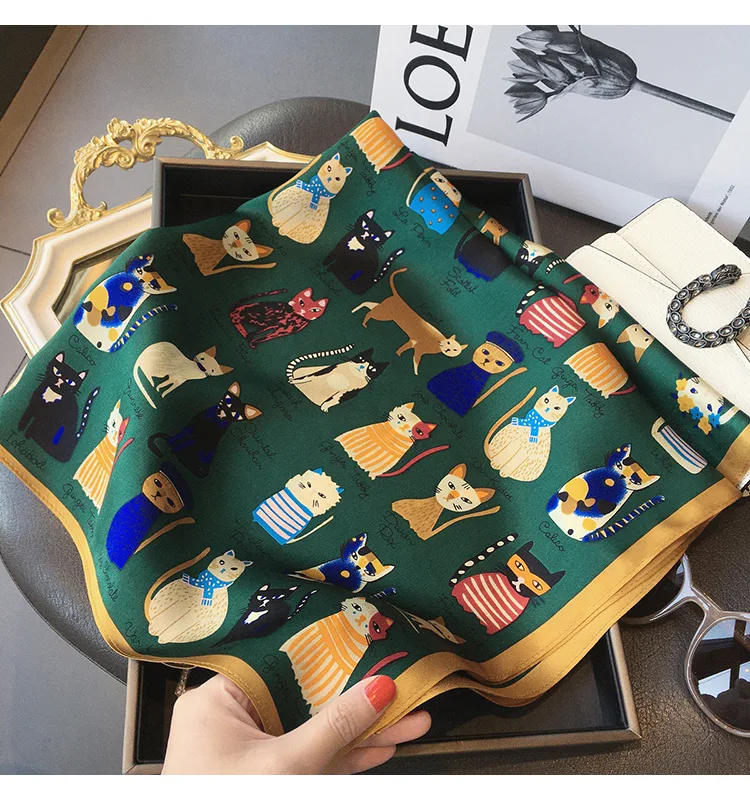 Luxury Brand 2023 Silk Square Scarf Women Cat Neck Hair Tie Band Beach Hijab Kerchief Head Headbands Bandana Female Foulard 70cm