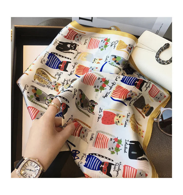 Luxury Brand 2023 Silk Square Scarf Women Cat Neck Hair Tie Band Beach Hijab Kerchief Head Headbands Bandana Female Foulard 70cm