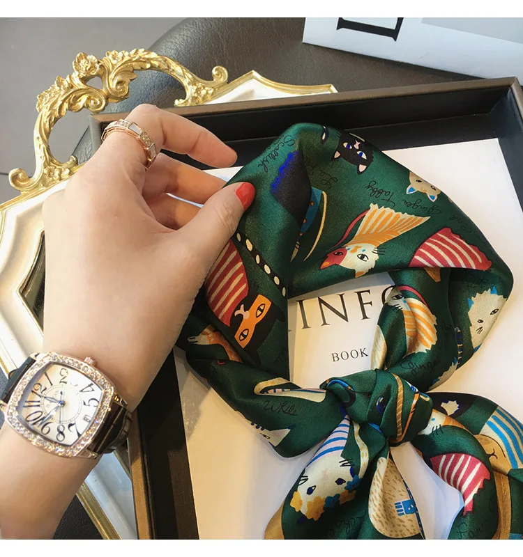 Luxury Brand 2023 Silk Square Scarf Women Cat Neck Hair Tie Band Beach Hijab Kerchief Head Headbands Bandana Female Foulard 70cm