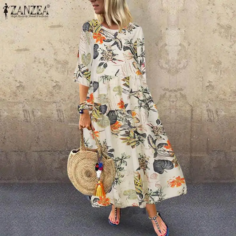 Women's Summer Short Sleeve Sundress ZANZEA Woman Floral Printed Dress Bohemian Elegant Casual Oversized Holiday Long Dresses