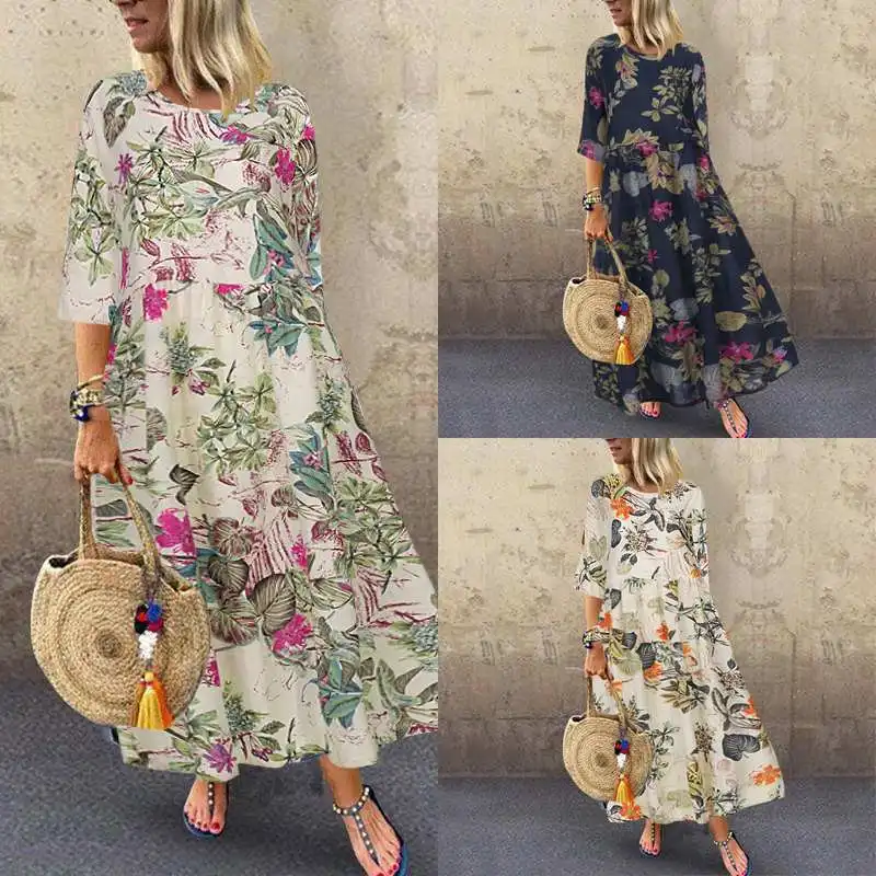 Women's Summer Short Sleeve Sundress ZANZEA Woman Floral Printed Dress Bohemian Elegant Casual Oversized Holiday Long Dresses