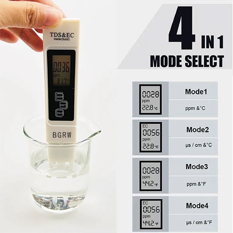 1PC White Digital Water Quality Tester TDS EC Meter Range 0 to 9990 Multifunctional Water Purity Temperature TEMP PPM Tester