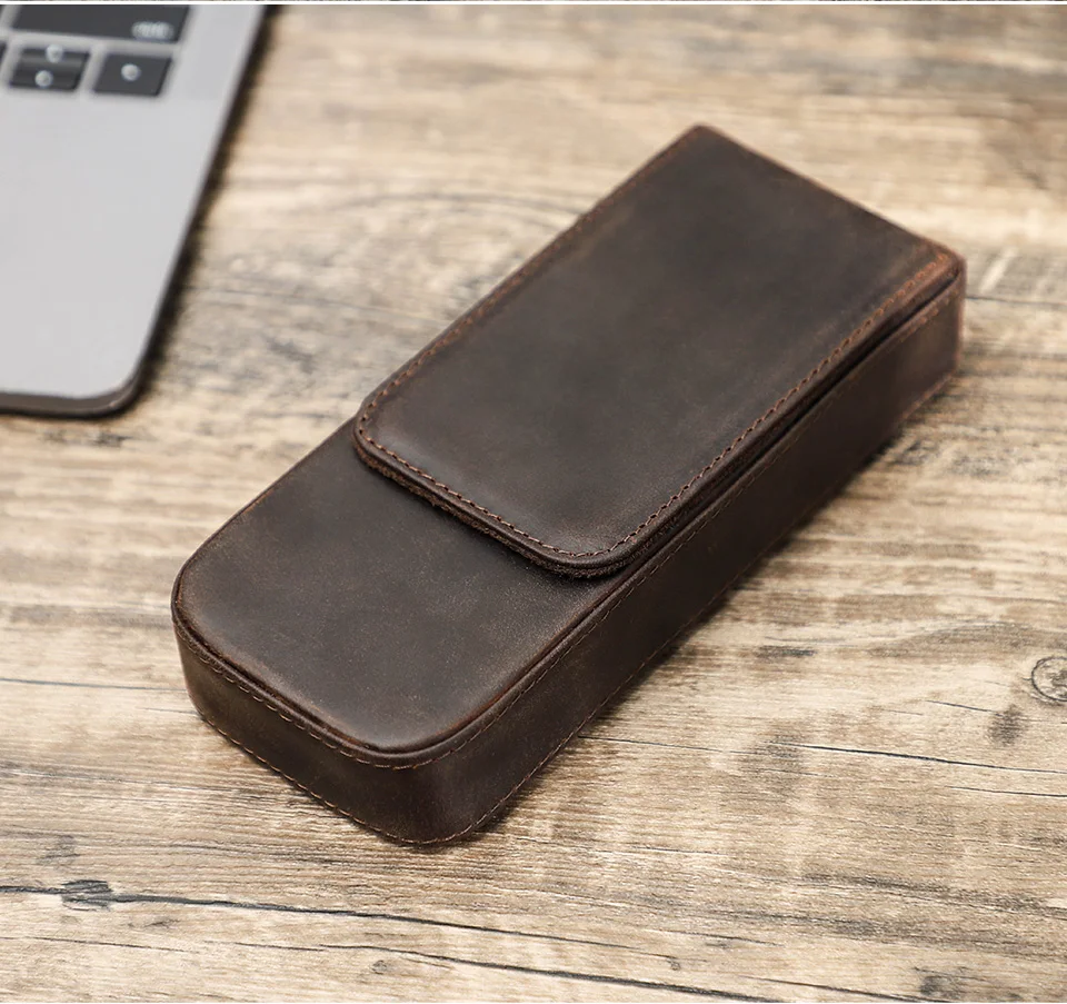 CONTACTS FAMILY Genuine Leather 3 Slots Pen Case With Removable Pen Tray Holder Pencil Case Men Woman Girls Office School Pouch