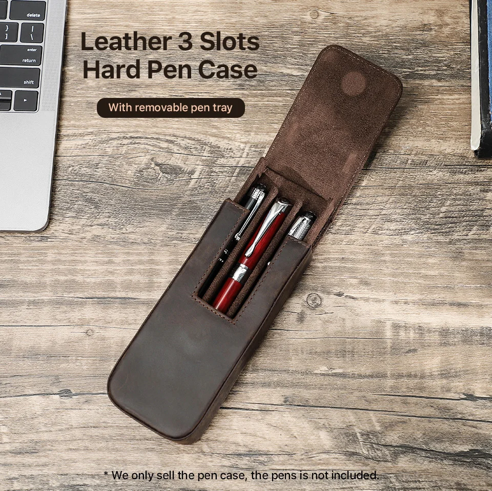 CONTACTS FAMILY Genuine Leather 3 Slots Pen Case With Removable Pen Tray Holder Pencil Case Men Woman Girls Office School Pouch