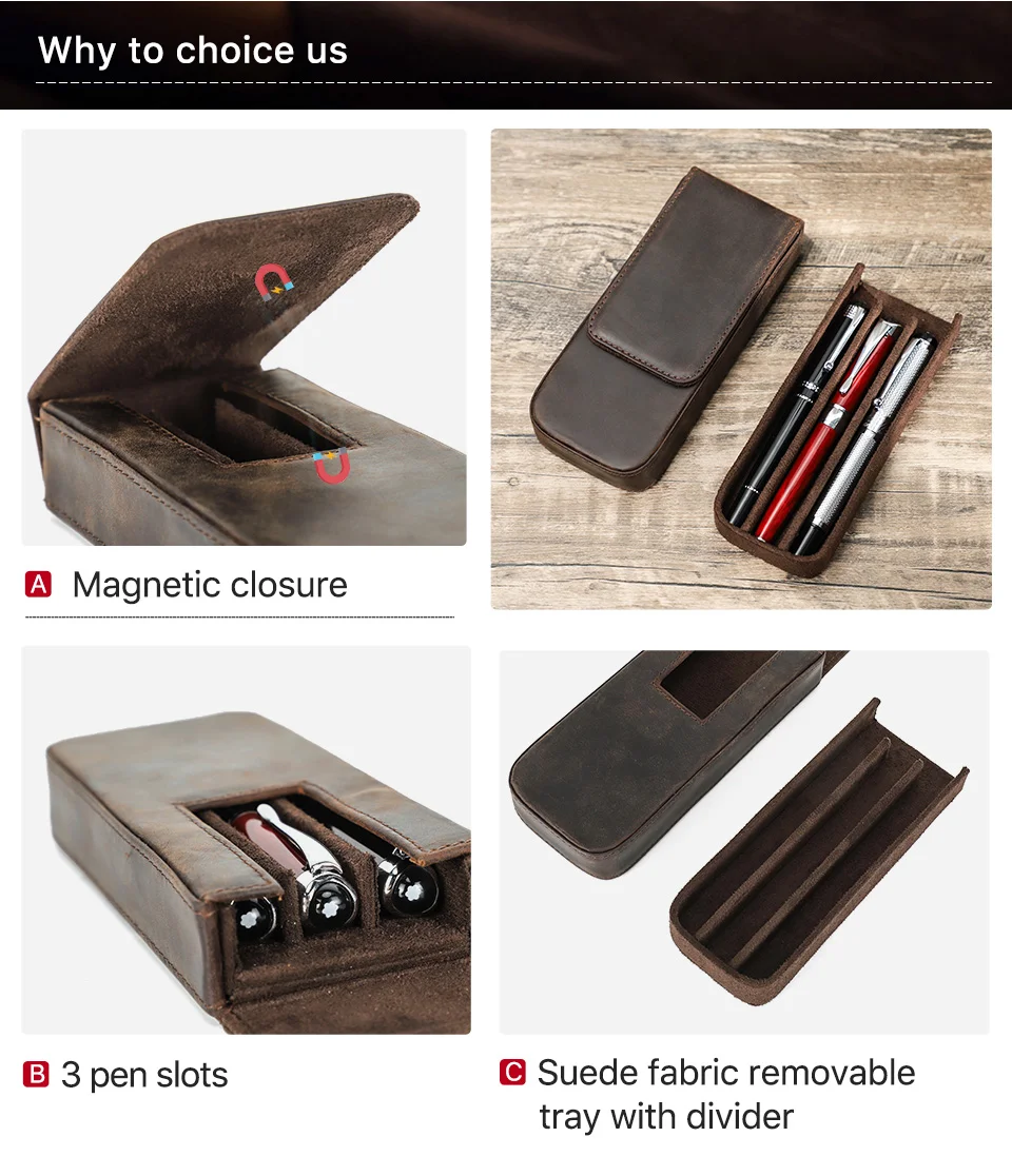 CONTACTS FAMILY Genuine Leather 3 Slots Pen Case With Removable Pen Tray Holder Pencil Case Men Woman Girls Office School Pouch