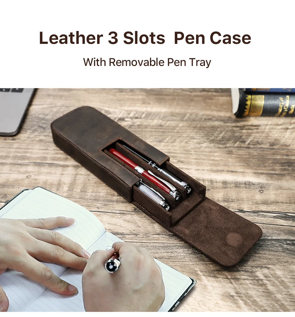 CONTACTS FAMILY Genuine Leather 3 Slots Pen Case With Removable Pen Tray Holder Pencil Case Men Woman Girls Office School Pouch