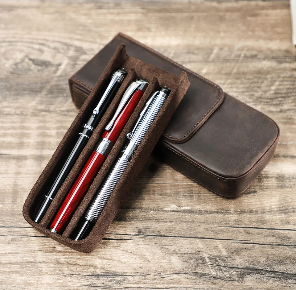 CONTACTS FAMILY Genuine Leather 3 Slots Pen Case With Removable Pen Tray Holder Pencil Case Men Woman Girls Office School Pouch