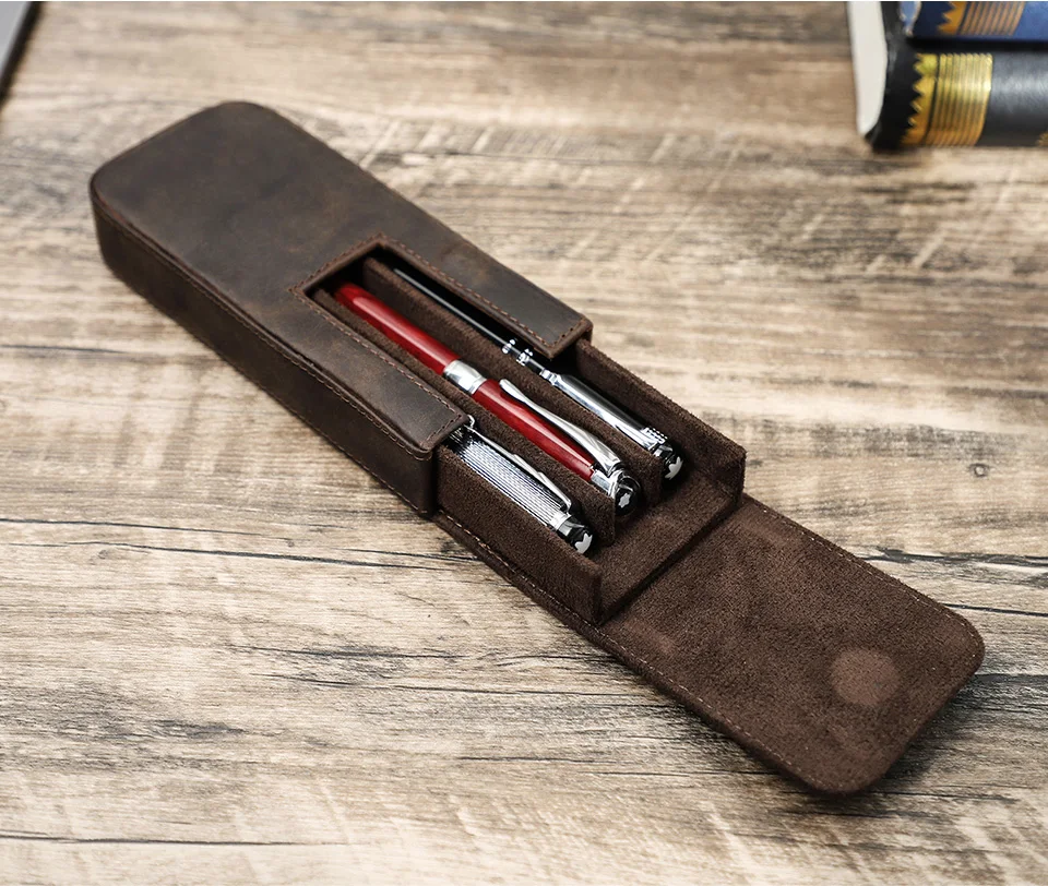 CONTACTS FAMILY Genuine Leather 3 Slots Pen Case With Removable Pen Tray Holder Pencil Case Men Woman Girls Office School Pouch