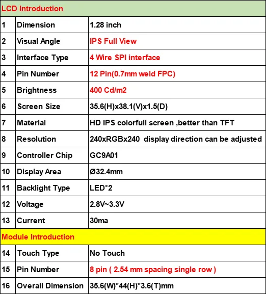 1.28 inch TFT Screen Display Module 1.28" IPS Round Colorful LCD Board GC9A01 Touch 240x240 SPI ESP32-S3 ESP32S3-N16R8 N16R16