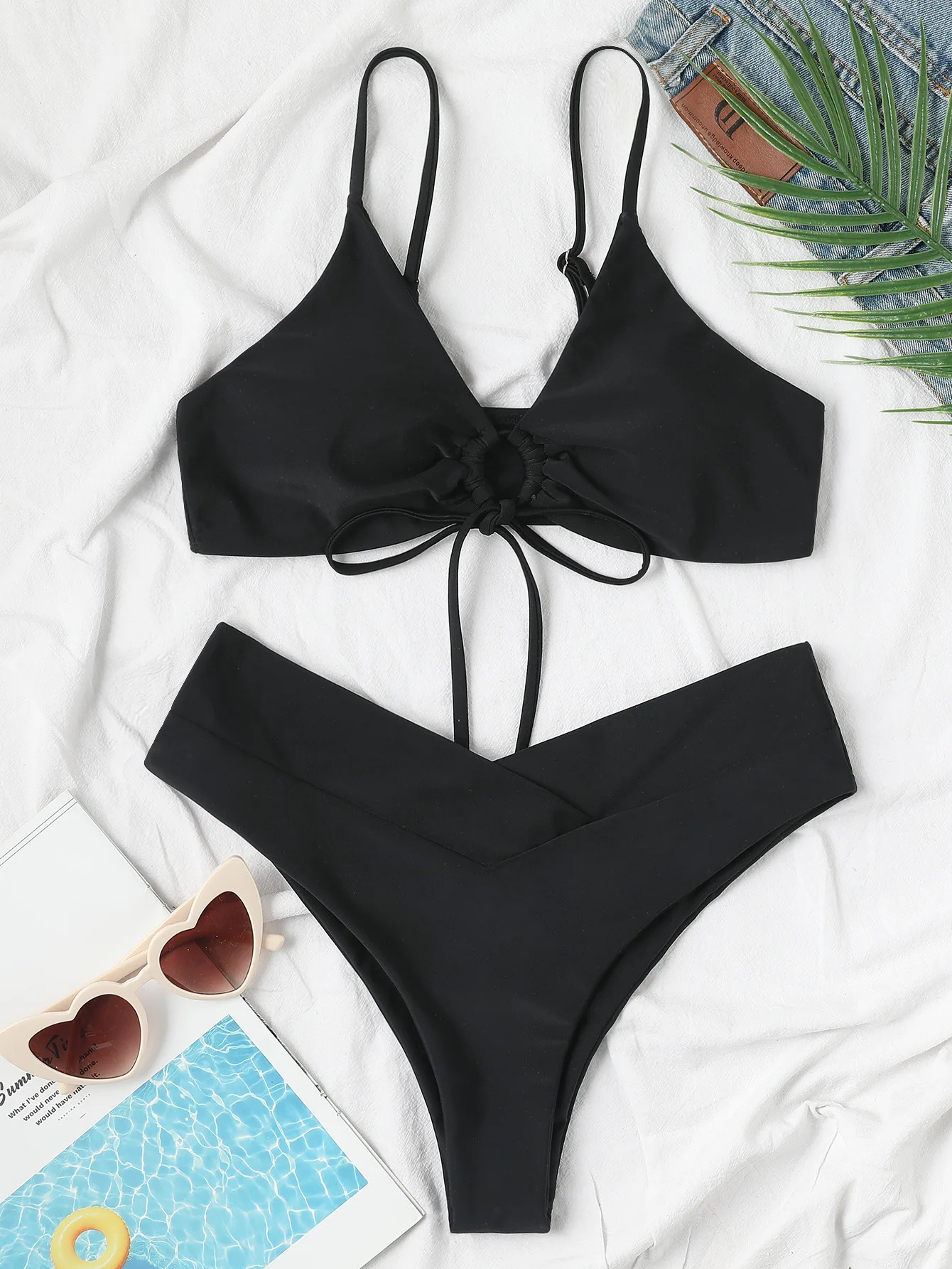 New High Elastic Bikini Set for 2025 Summer Two Pieces Solid Color Lace-up Sexy Women Swimsuit Beach Bathing Suit Swimwear