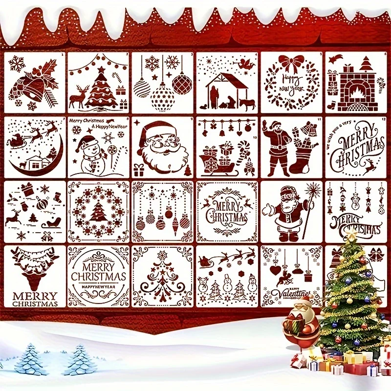 12pcs Christmas Series Painting Stencils - Reusable, Washable, PET Material for Watercolor, Stone Painting, Graffiti, and More