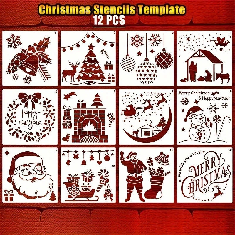 12pcs Christmas Series Painting Stencils - Reusable, Washable, PET Material for Watercolor, Stone Painting, Graffiti, and More