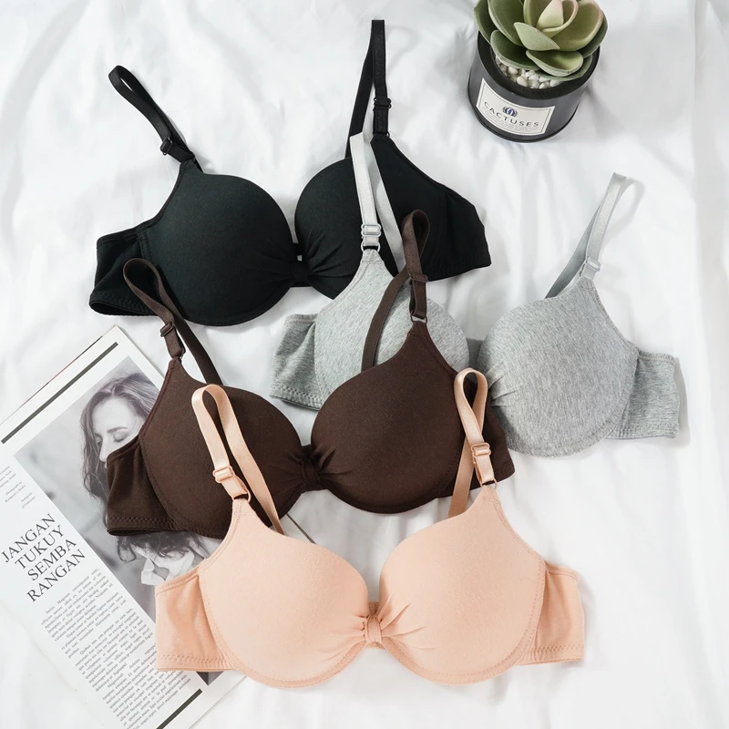 Women's Sexy Cotton Gathered Bra Deep V Underwire Ladied Brassiere Push Up Lingerie Solid Bras Backless Intimate Underwear