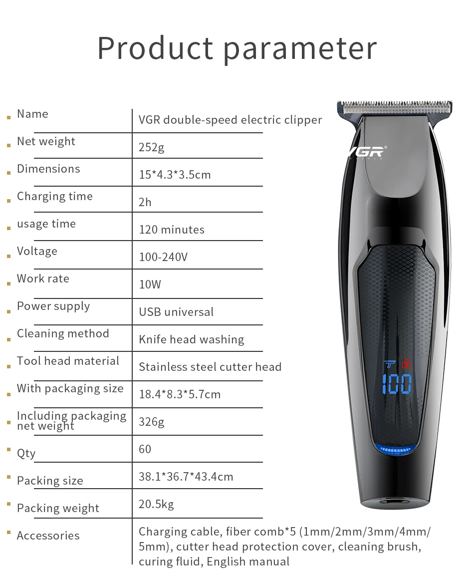 VGR Hair Trimmer Professional Hair Clipper LED Display Hair Cutting Machine for Men Rechargeable Mini Men's Hair Trimmer V-070