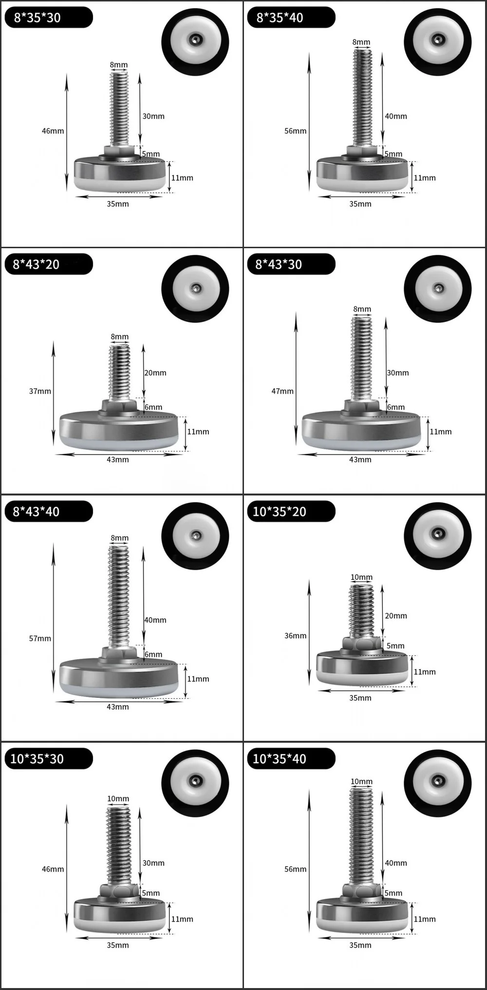 Leveling Foot Base, M6, M8, M10, Screw Height Adjustable, Dia 30mm, 35mm, 43mm, 50mm, 2 Pcs, 4 Pcs, 8 Pcs