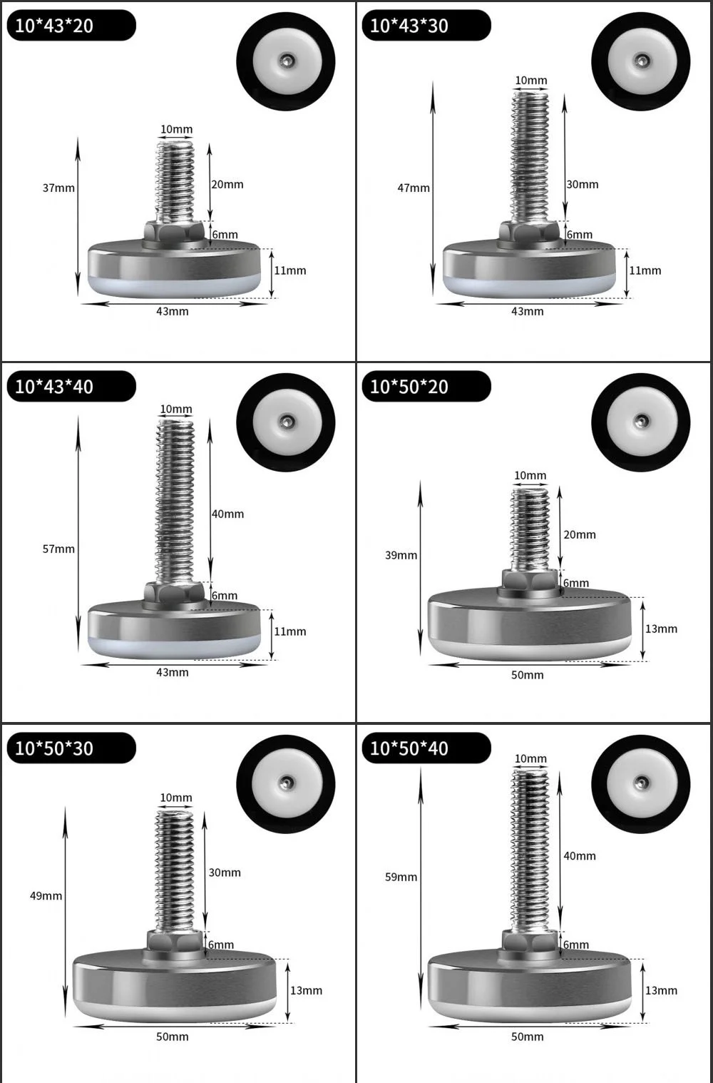 Leveling Foot Base, M6, M8, M10, Screw Height Adjustable, Dia 30mm, 35mm, 43mm, 50mm, 2 Pcs, 4 Pcs, 8 Pcs
