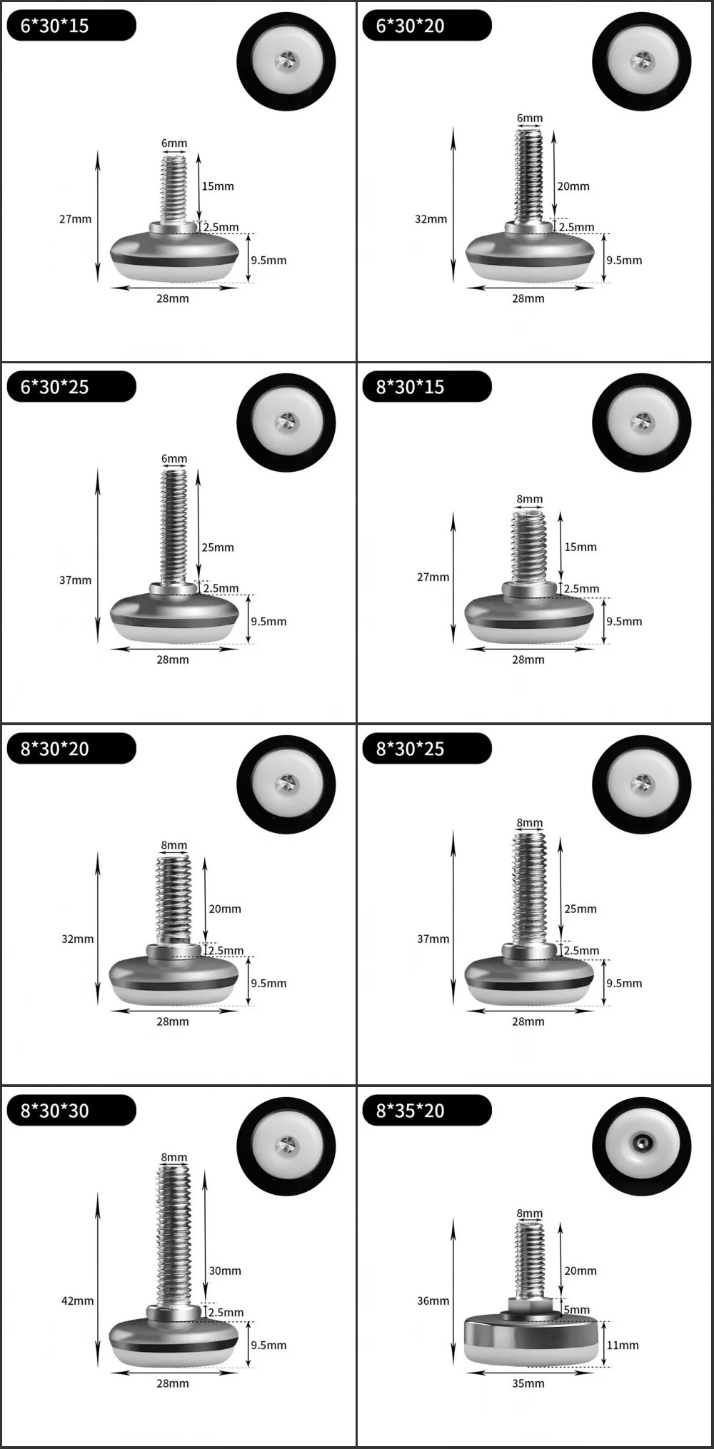 Leveling Foot Base, M6, M8, M10, Screw Height Adjustable, Dia 30mm, 35mm, 43mm, 50mm, 2 Pcs, 4 Pcs, 8 Pcs