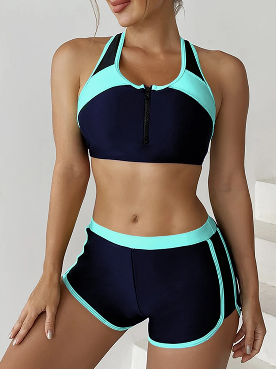 2026 Zipper Bikini Set Two Piece Swimsuit Women With Shorts Sports Swimwear Female Bathing Swimming Suit Beach Wear Summer