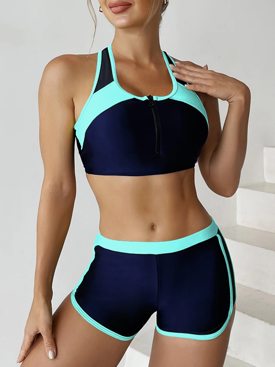 2026 Zipper Bikini Set Two Piece Swimsuit Women With Shorts Sports Swimwear Female Bathing Swimming Suit Beach Wear Summer