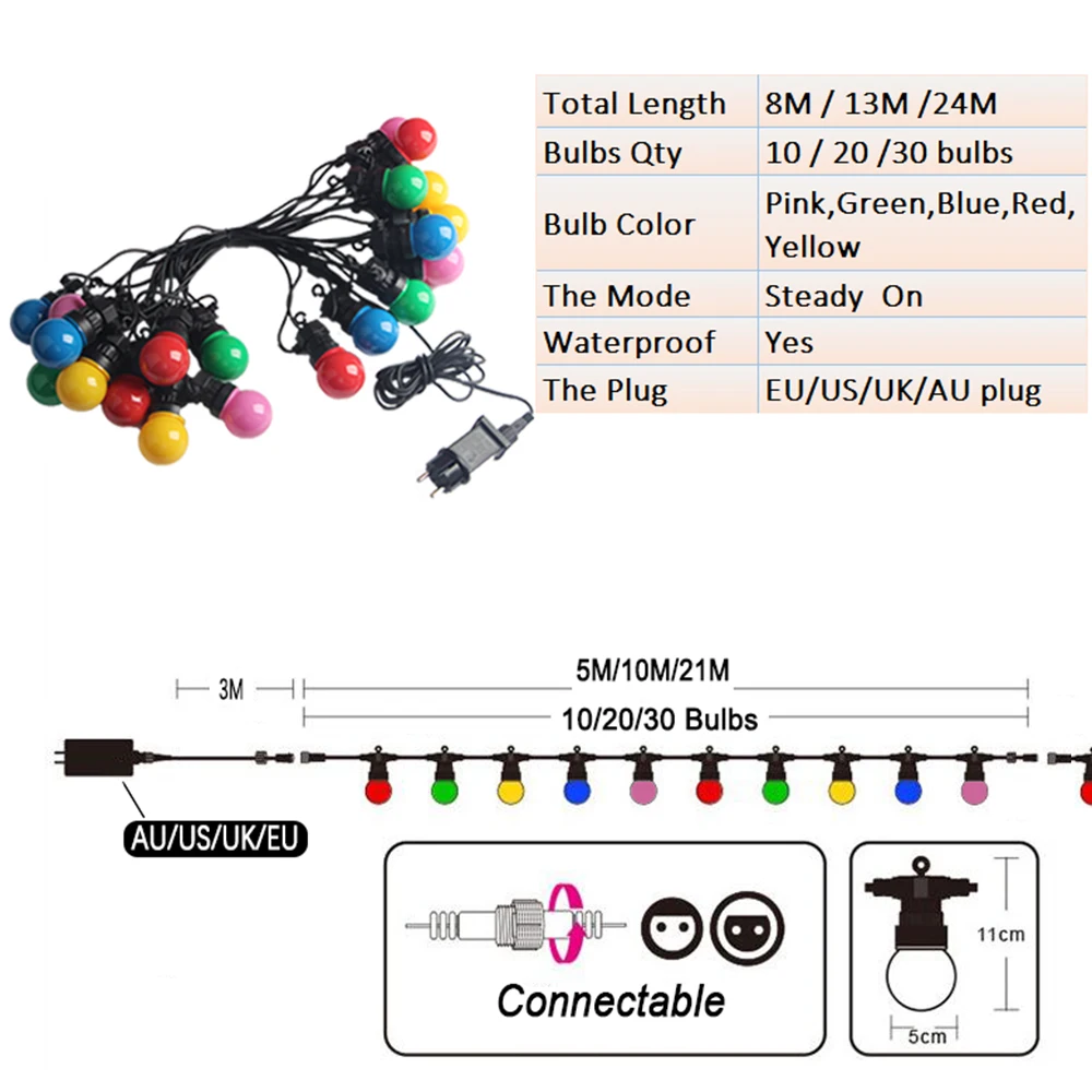 8M/13M/24M LED Globe Ball String Light Street Christmas Fairy Led Festoon Outdoor For Garden Backyard Party Patio Decor