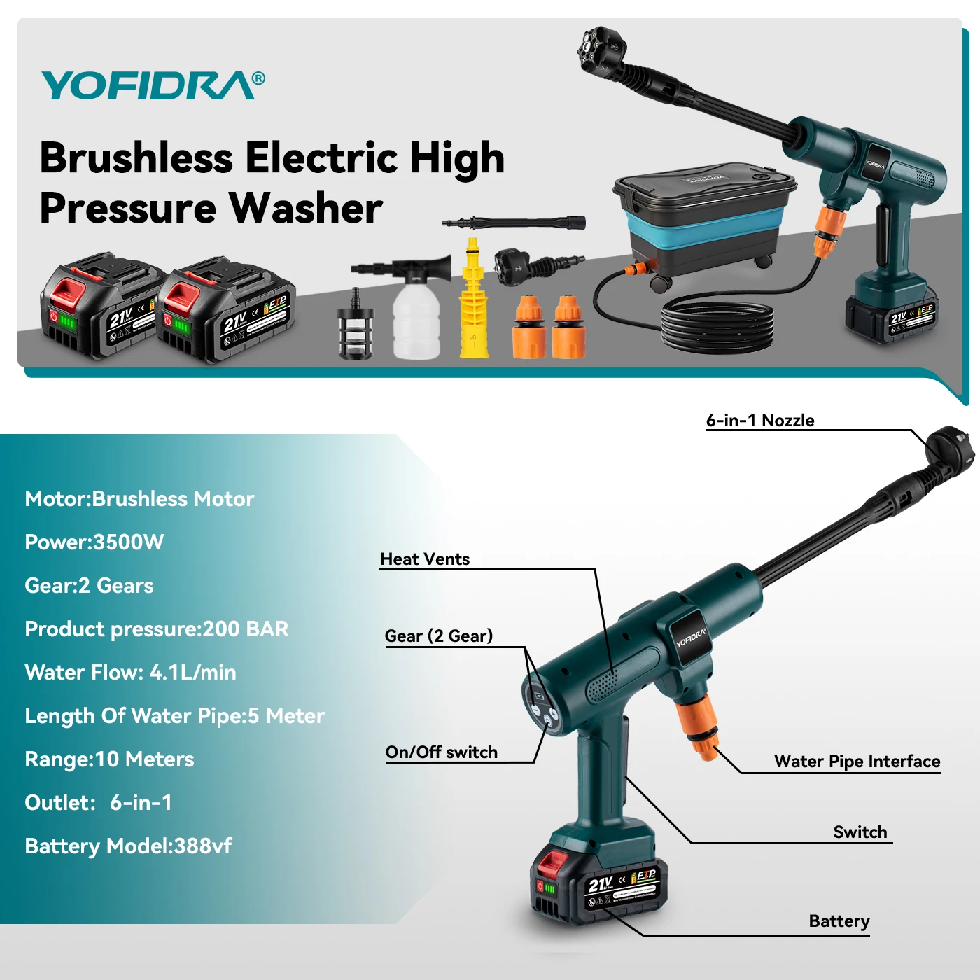 YOFIDRA 3500W 200Bar Brushless High Pressure Car Wash Washer Gun Cordless Generator Cleaning Machine For Makita 21V Battery Pin