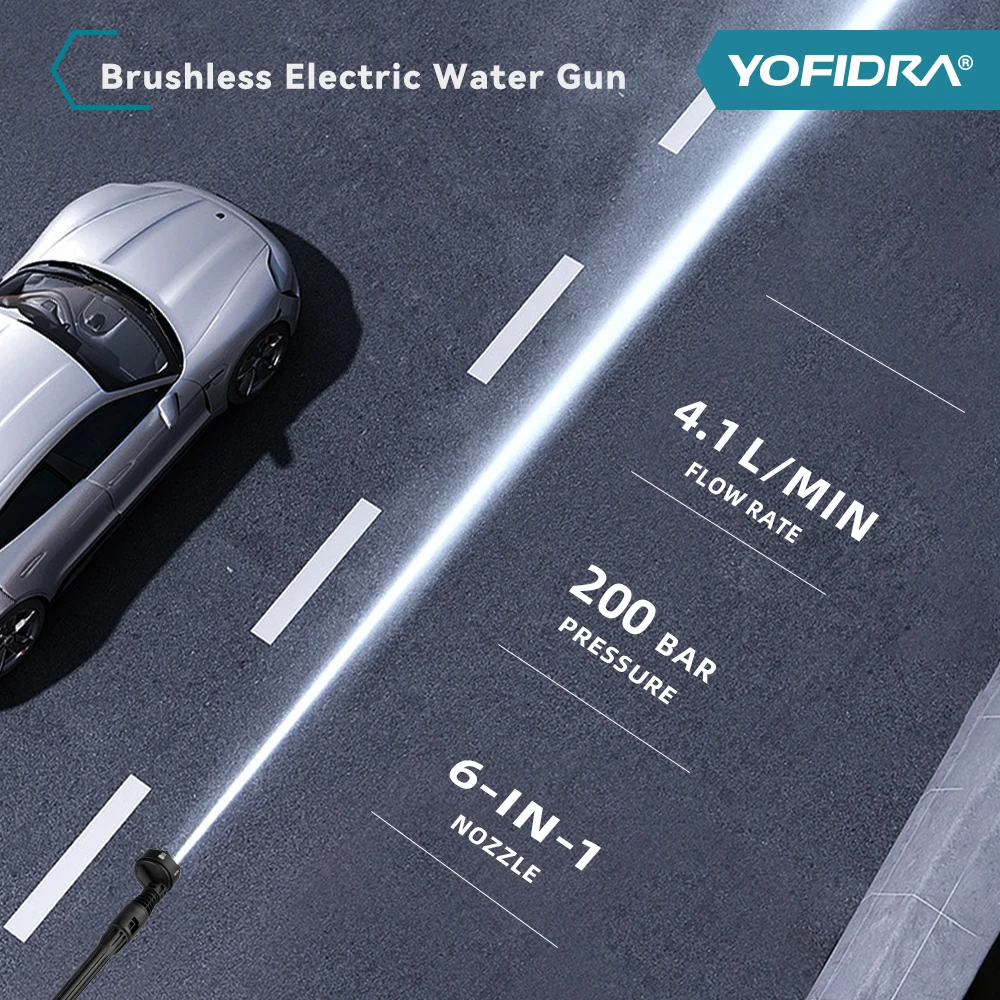 YOFIDRA 3500W 200Bar Brushless High Pressure Car Wash Washer Gun Cordless Generator Cleaning Machine For Makita 21V Battery Pin