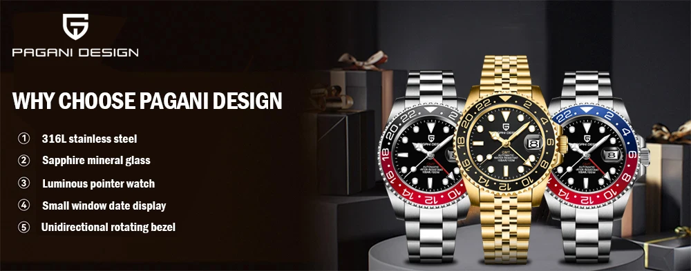 PAGANI DESIGN PD-1662 Luxury GMT Men Mechanical Wristwatch Sapphire Glass Stainless Steel 100M Waterproof Automatic Watches