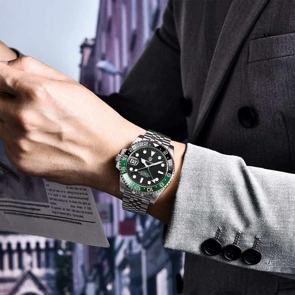 PAGANI DESIGN PD-1662 Luxury GMT Men Mechanical Wristwatch Sapphire Glass Stainless Steel 100M Waterproof Automatic Watches