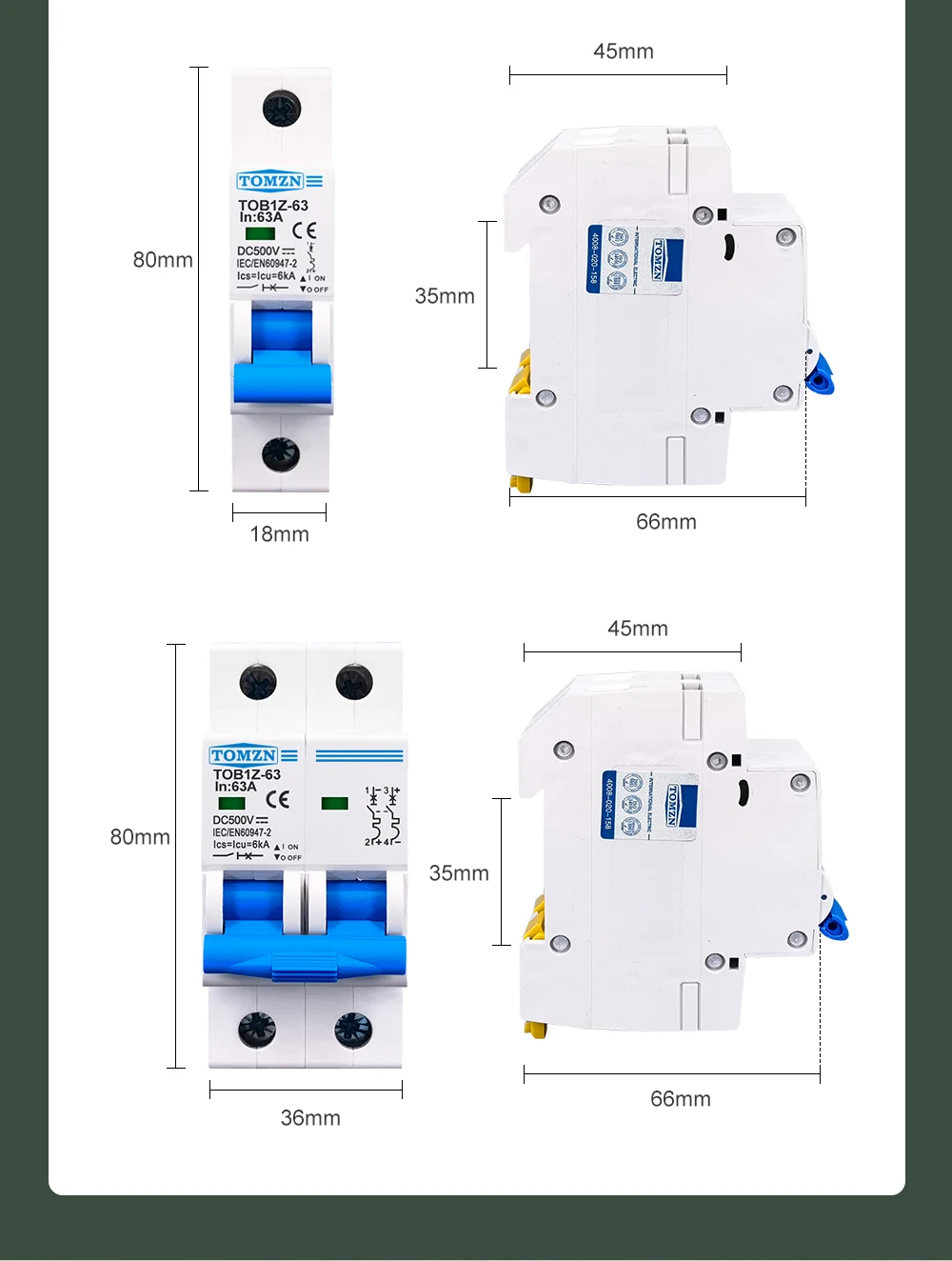 TOMZN 1P 2P DC MCB 6KA 500V Mini Circuit Breaker 3A 6A 10A 16A 20A 25A 32A 40A 50A 63A Y Connection