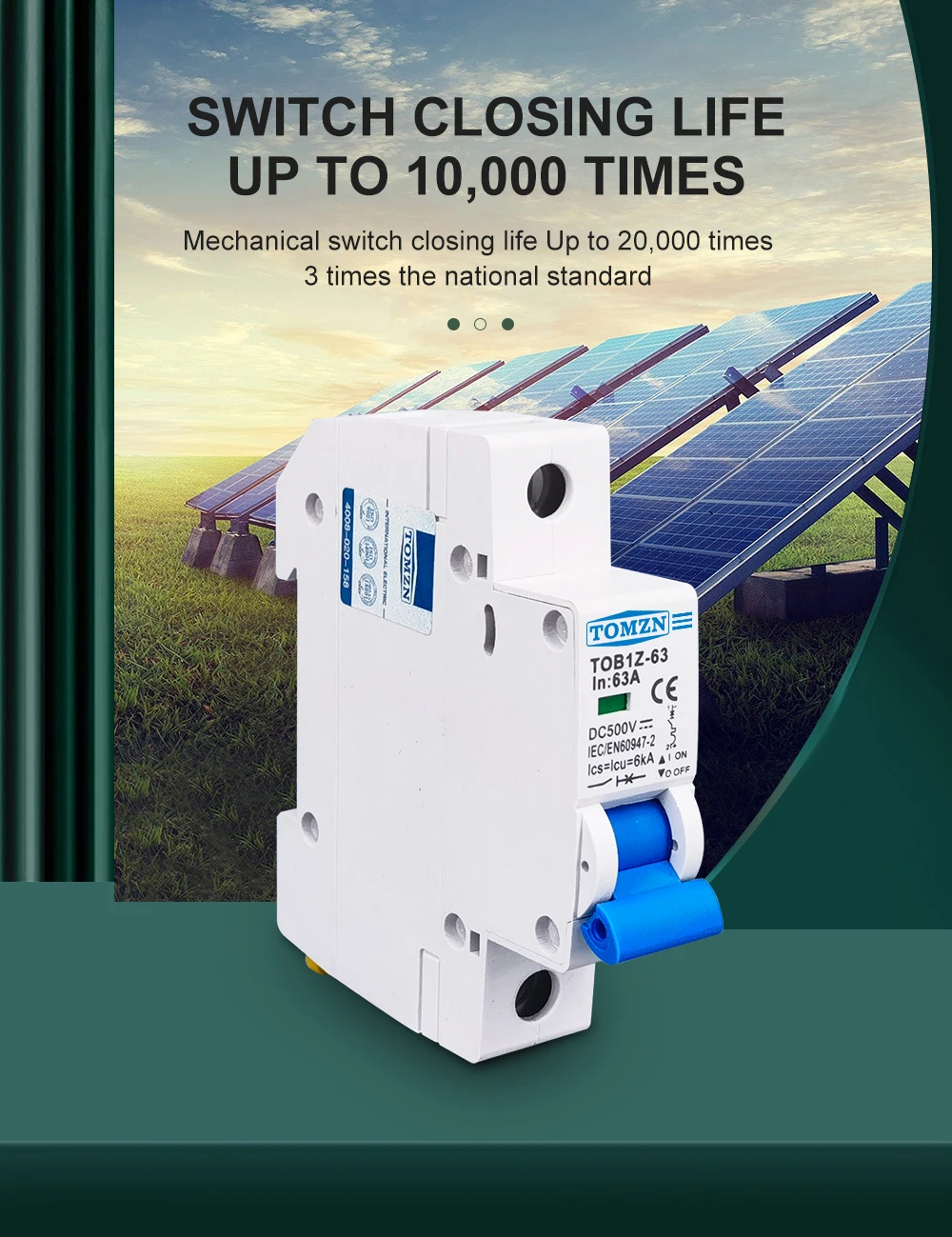 TOMZN 1P 2P DC MCB 6KA 500V Mini Circuit Breaker 3A 6A 10A 16A 20A 25A 32A 40A 50A 63A Y Connection