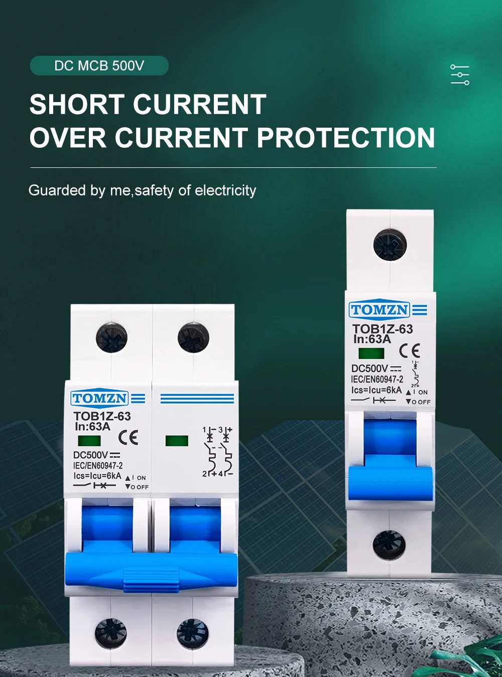 TOMZN 1P 2P DC MCB 6KA 500V Mini Circuit Breaker 3A 6A 10A 16A 20A 25A 32A 40A 50A 63A Y Connection
