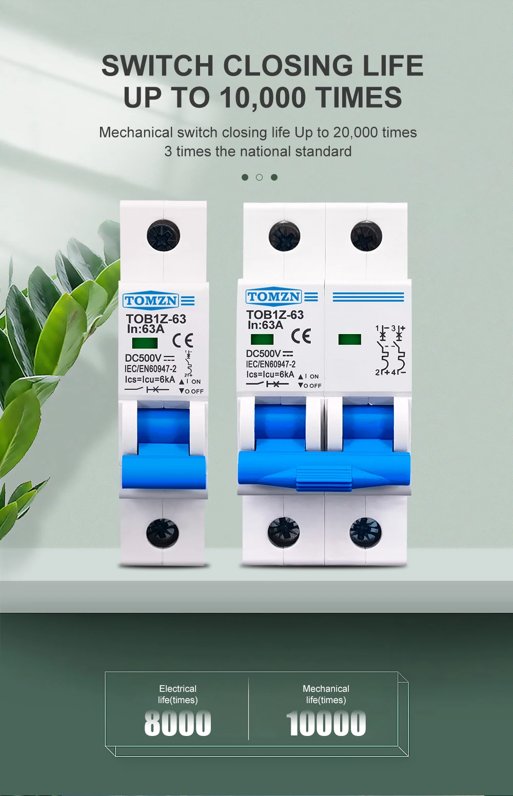 TOMZN 1P 2P DC MCB 6KA 500V Mini Circuit Breaker 3A 6A 10A 16A 20A 25A 32A 40A 50A 63A Y Connection