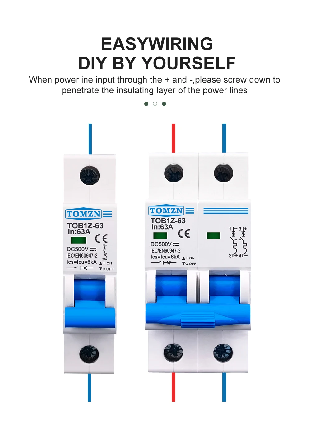 TOMZN 1P 2P DC MCB 6KA 500V Mini Circuit Breaker 3A 6A 10A 16A 20A 25A 32A 40A 50A 63A Y Connection