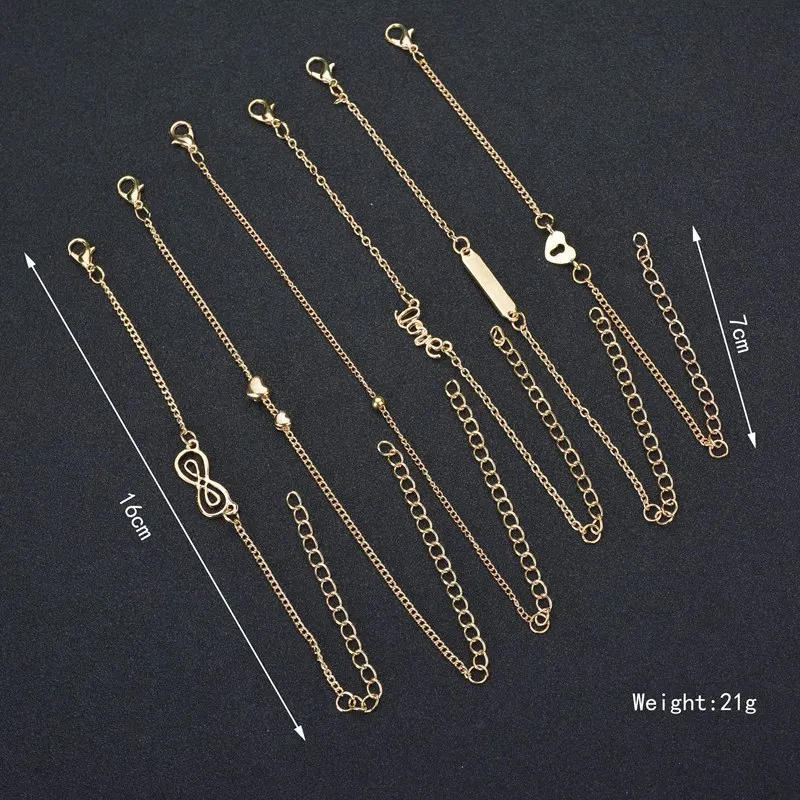 6pcs Trend Infinity 8 Bowknot Heart Key Charm Chain Bracelets & Bangles Minimalist Women Tiny Set Party Jewelry