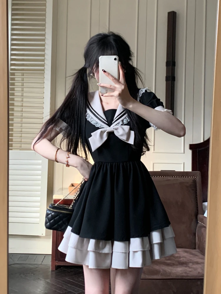 Harajuku Sweet Bow Black Plaid Dresses All-match Slim Fit Kawaii Lolita Dress for Women Autumn New Long Sleeve Vestidos De Mujer
