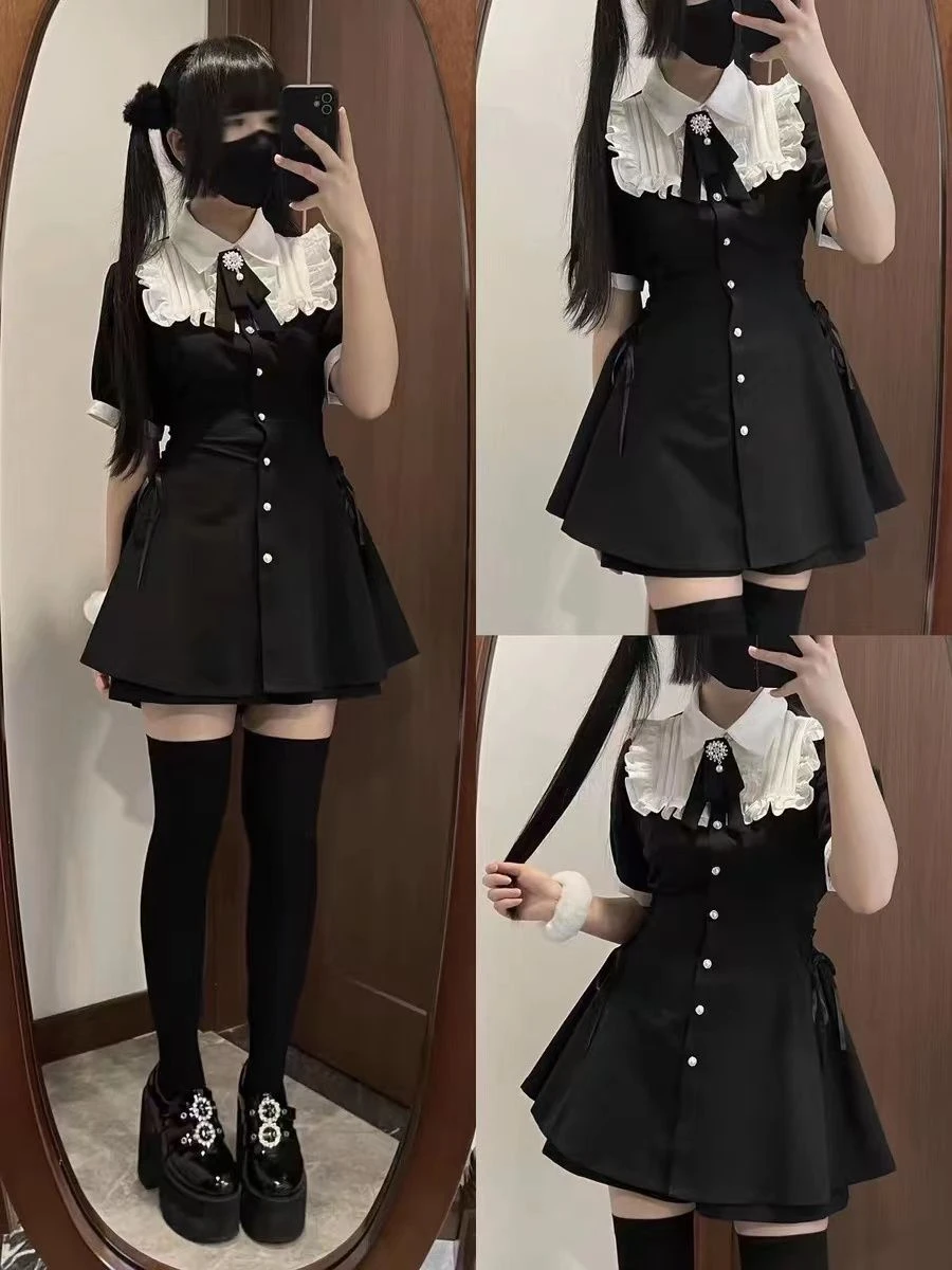 Harajuku Sweet Bow Black Plaid Dresses All-match Slim Fit Kawaii Lolita Dress for Women Autumn New Long Sleeve Vestidos De Mujer
