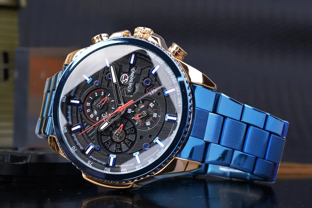 Forsining Three Dial Calendar Stainless Steel Men Mechanical Automatic Wrist Watches Top Brand Luxury Military Sport Male Clock