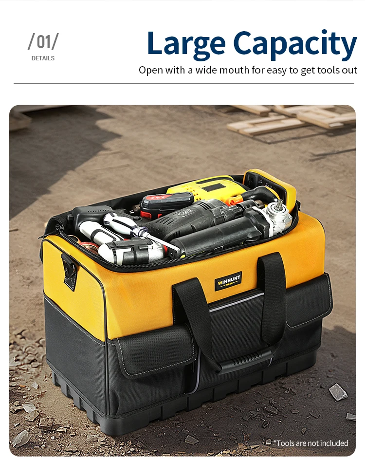 WINHUNT Heavy-Duty Tool Bag with Wide Mouth & Molded Bottom - Adjustable Shoulder Strap, Durable Polyester, Yellow/Black