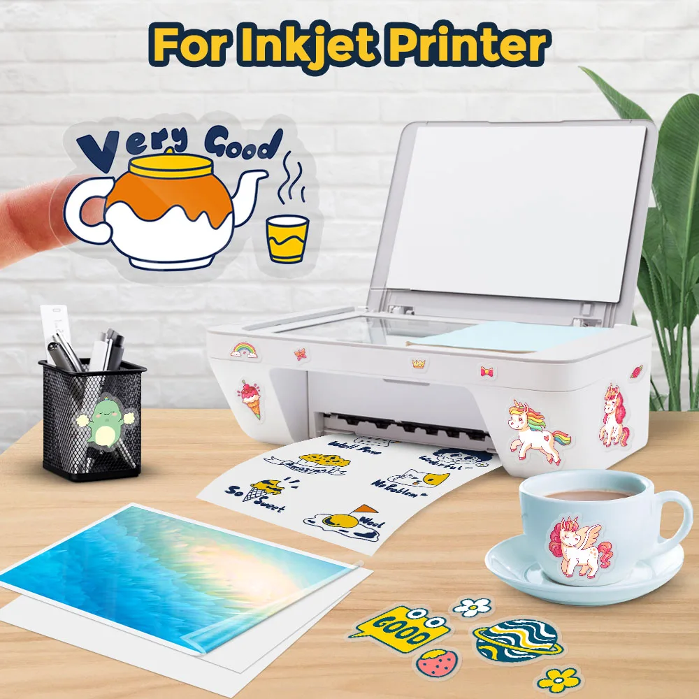 100% Transparent Printable Vinyl Sticker Paper Self-adhesive 10 Sheets A4 Glossy White Copy Paper DIY Labels for Inkjet Printer