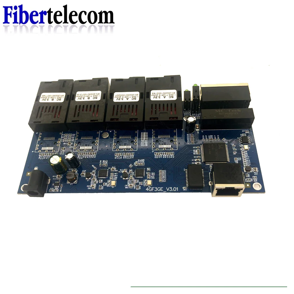 Gigabit Fiber Optic Media Converter SC 100/1000M PCBA Board Singlemode 4 Fiber 3 RJ45 Ethernet Switch Transceiver Simplex