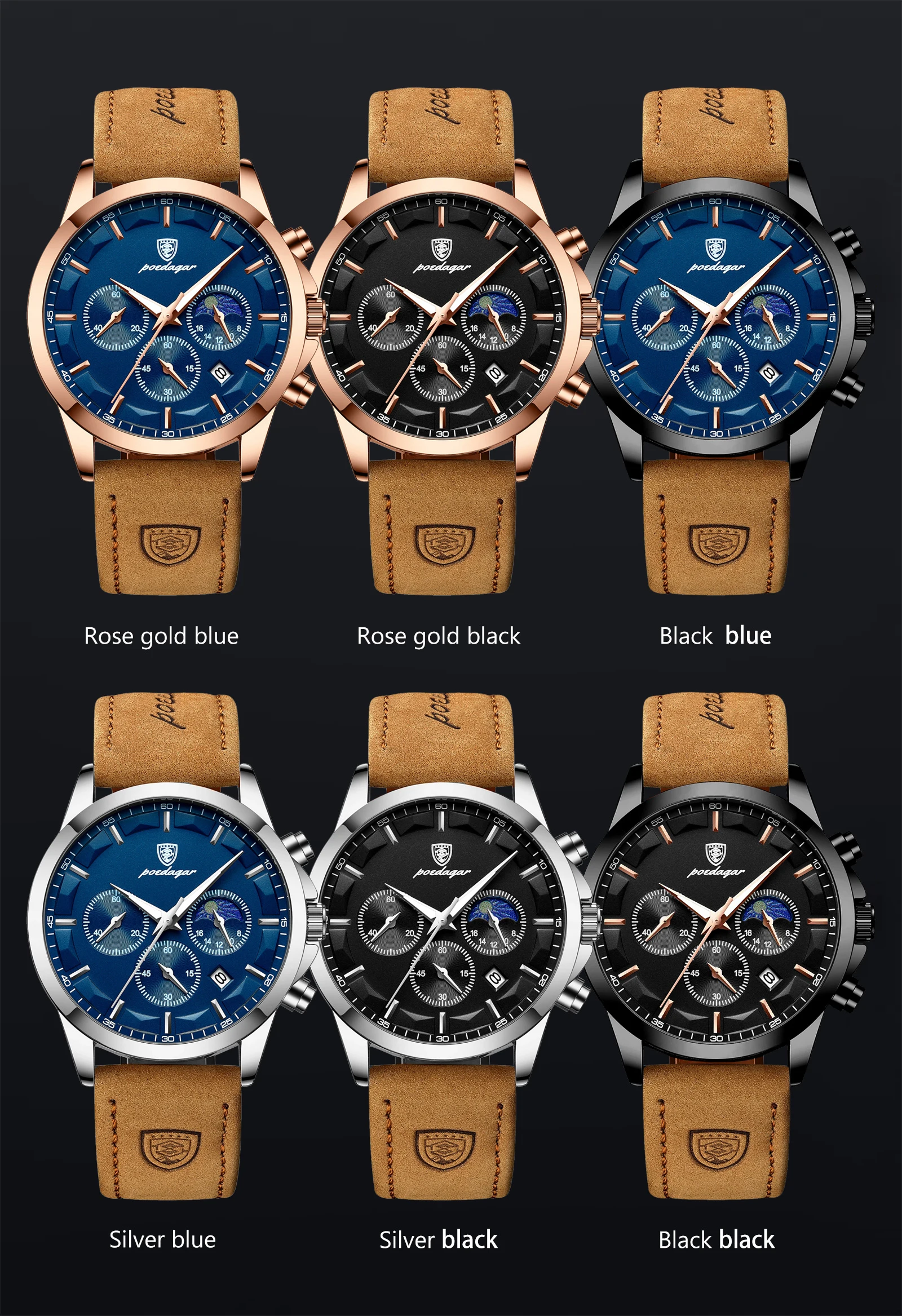 POEDAGAR Sports Luxury Men Quartz Watch Waterproof Chronograph Luminous Date Man Wristwatch Business Leather Men's Watches Clock