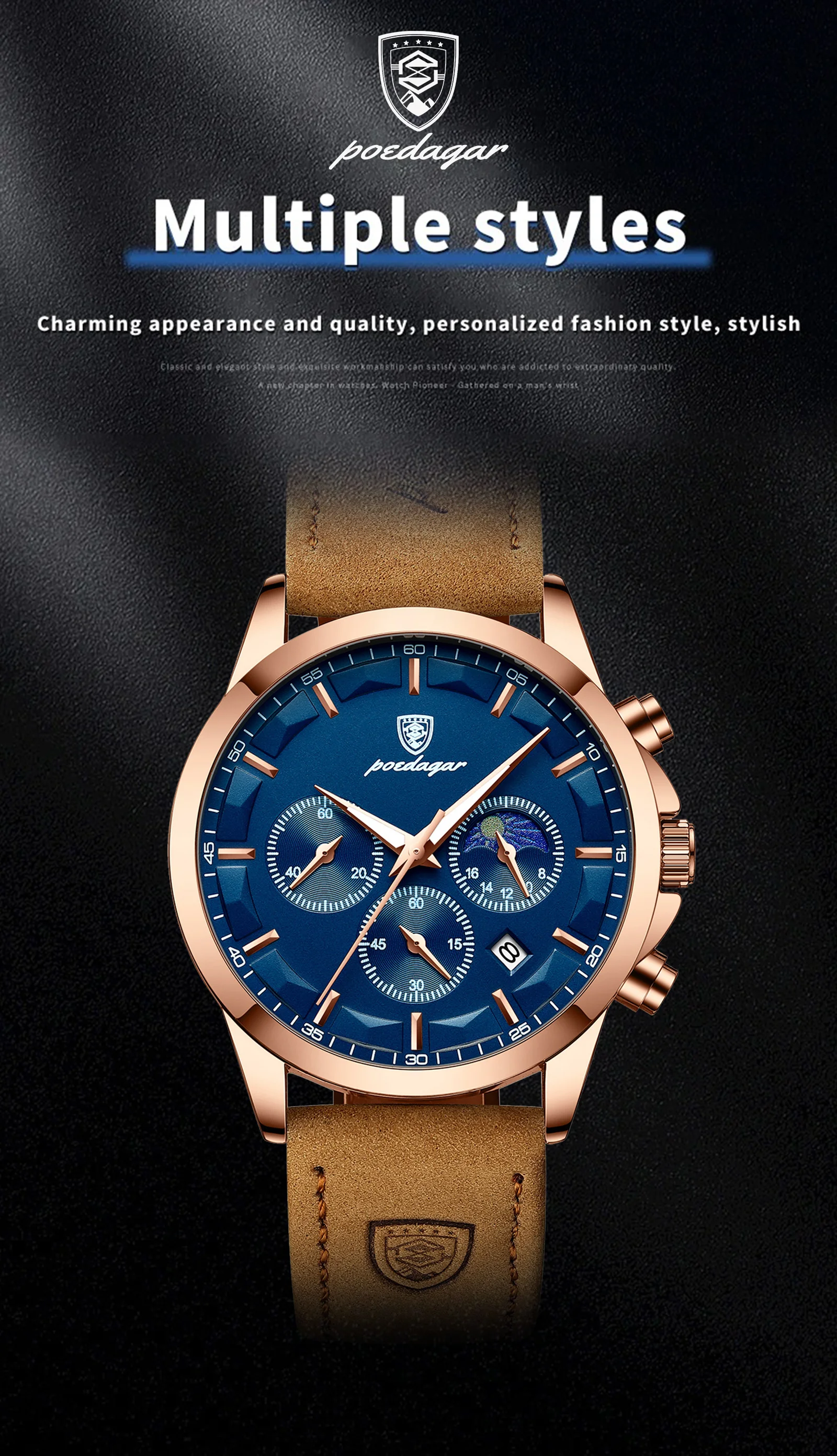 POEDAGAR Sports Luxury Men Quartz Watch Waterproof Chronograph Luminous Date Man Wristwatch Business Leather Men's Watches Clock