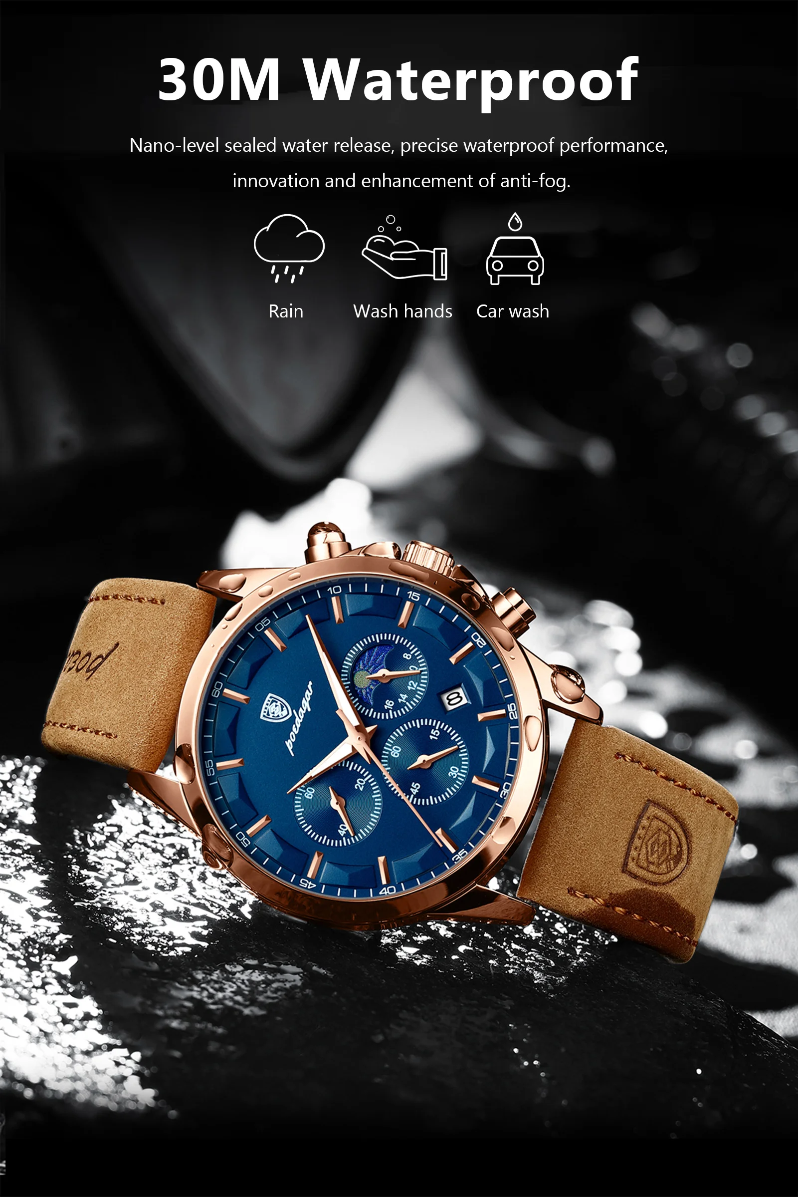 POEDAGAR Sports Luxury Men Quartz Watch Waterproof Chronograph Luminous Date Man Wristwatch Business Leather Men's Watches Clock