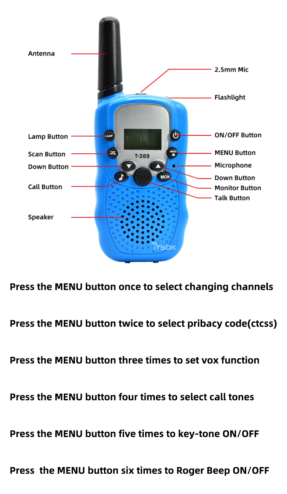 Itsok T388 Long Range Walkie Talkie for Kids FRS 22CH Free License Two Way Radio PMR 8CH Communicator