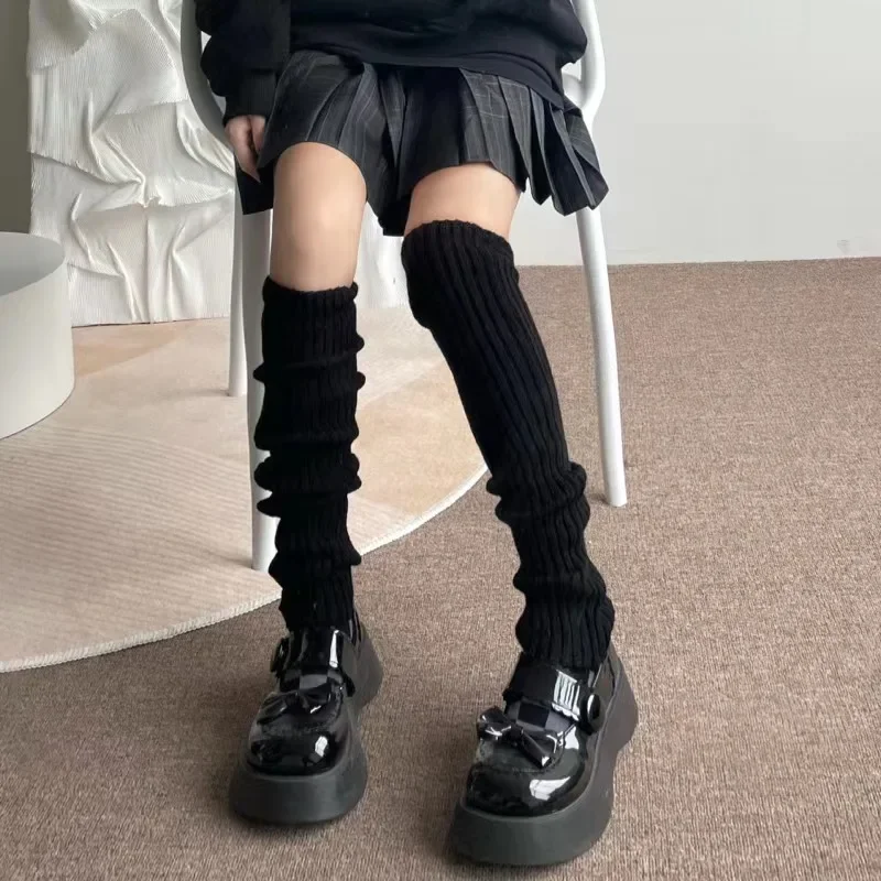 42/52/72cm Leg Warmers Lolita Socks Y2K Knitted Warm Foot Cover White Black Warmer Lady Autumn Winter Crochet Sock Boot Cuffs