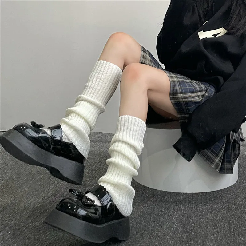 42/52/72cm Leg Warmers Lolita Socks Y2K Knitted Warm Foot Cover White Black Warmer Lady Autumn Winter Crochet Sock Boot Cuffs