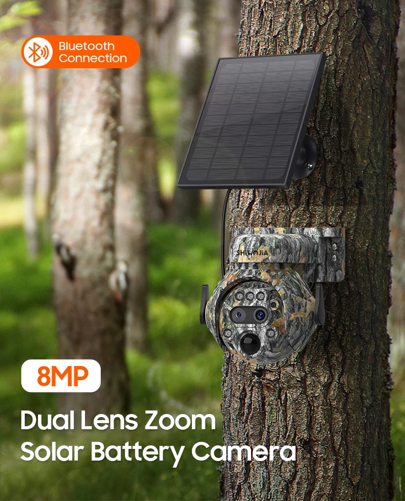 SHIWOJIA 12X ZOOM 4K 8MP Solar Camera Dual lens 4G 360° View Camouflage Color Outdoor Hunting Camera 7800mAh Battery Ubox app